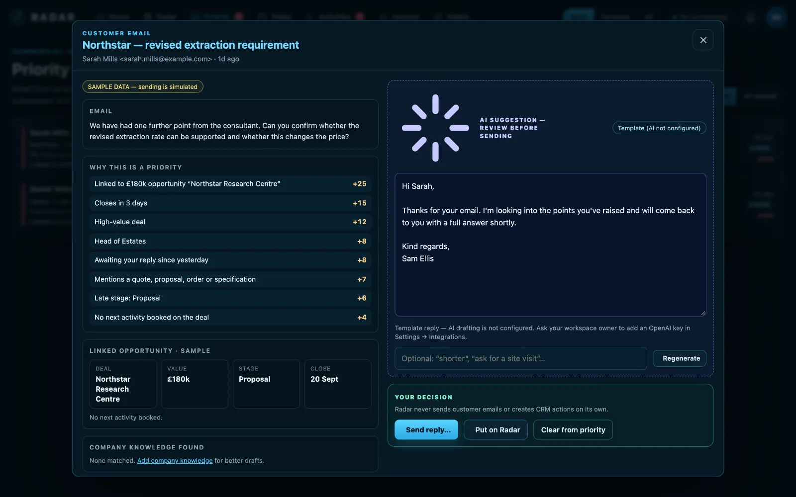 The AI response workbench with the customer email, CRM context, company knowledge and a draft reply awaiting review.